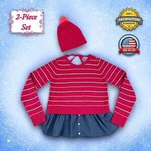 P.S. Aeropostale 2pc Glitter Pink Stripe Shirttail Sweater & Beanie Hat GIRLS 12